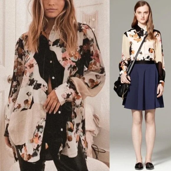 3.1 Phillip Lim Long Sleeve High Low Button Up Shirt, S/P, Tan & Black - Picture 10 of 10